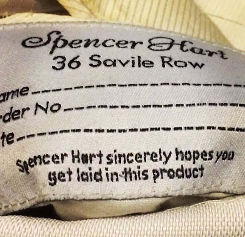 Spencer Hart label with humorous message about getting laid in the product.