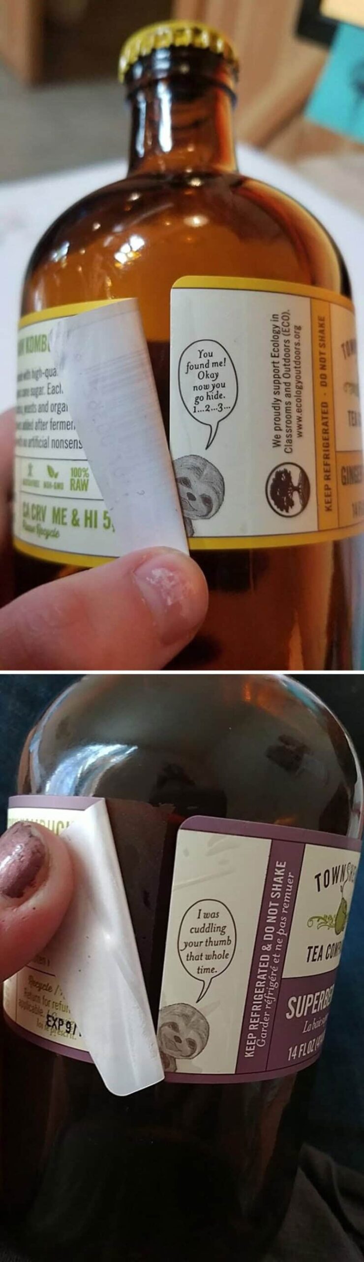 Two bottles with humorous labels, one with a speech bubble saying 'I am cuddling you' and the other,.