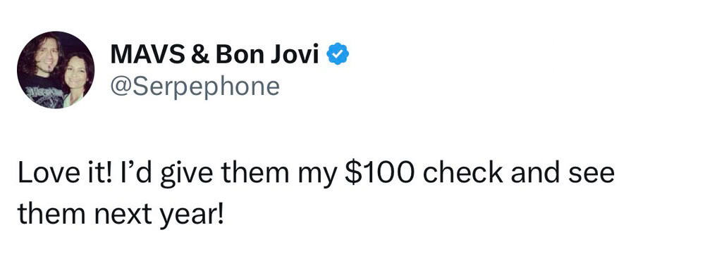 MAVS & Bon Jovi tweet about giving a $100 check to see them next year.