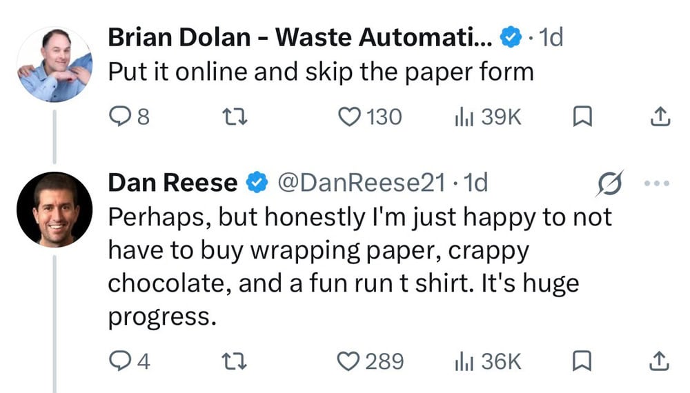 Twitter exchange about skipping paper forms and progress in fundraising.