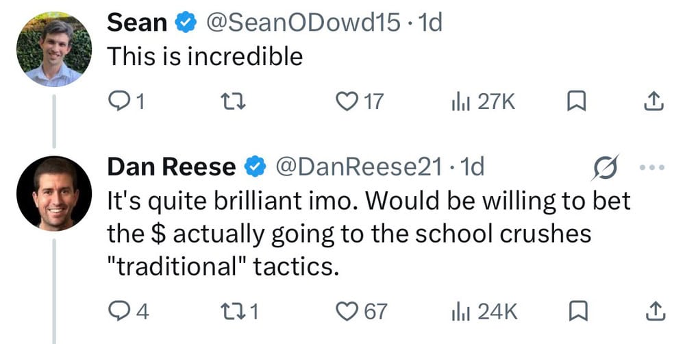Twitter exchange about school fundraiser with humorous comments.