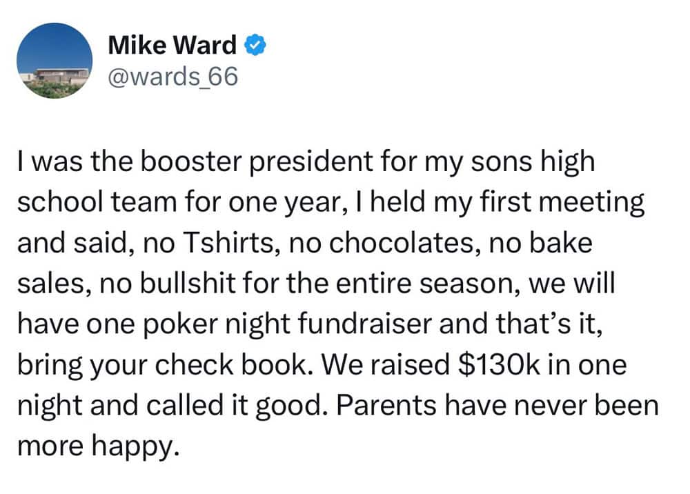 Twitter post by Mike Ward about his son's high school fundraiser success.