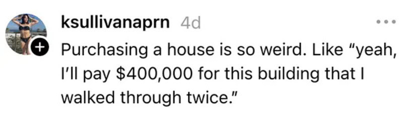 Person's social media post about buying a house for $400,000.