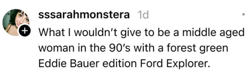 Middle-aged woman in 90s forest green Eddie Bauer edition Ford Explorer.