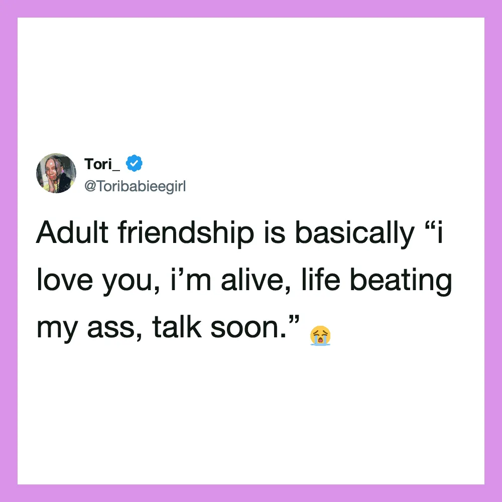 Tweet by Tori_ about adult friendship and love, with a crying emoji.