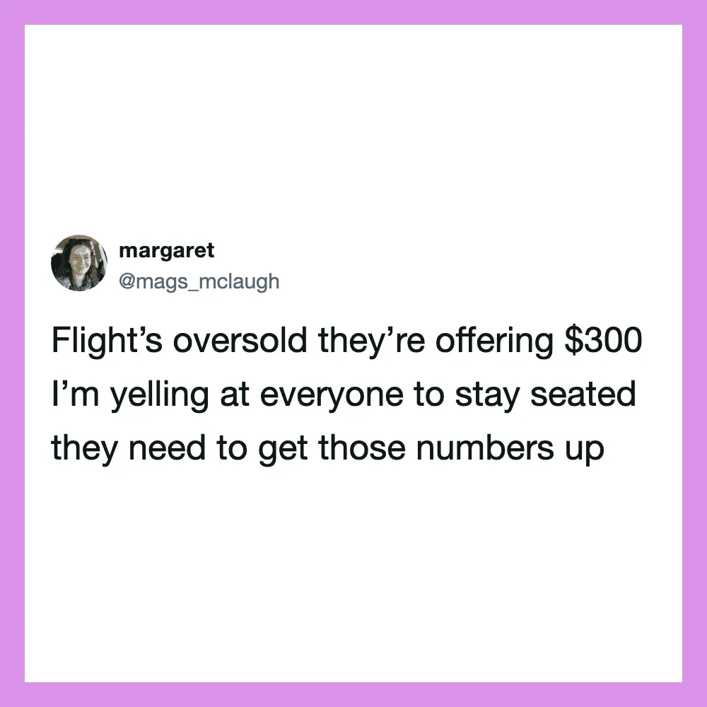 Tweet by margaret about flight prices and seating issues.