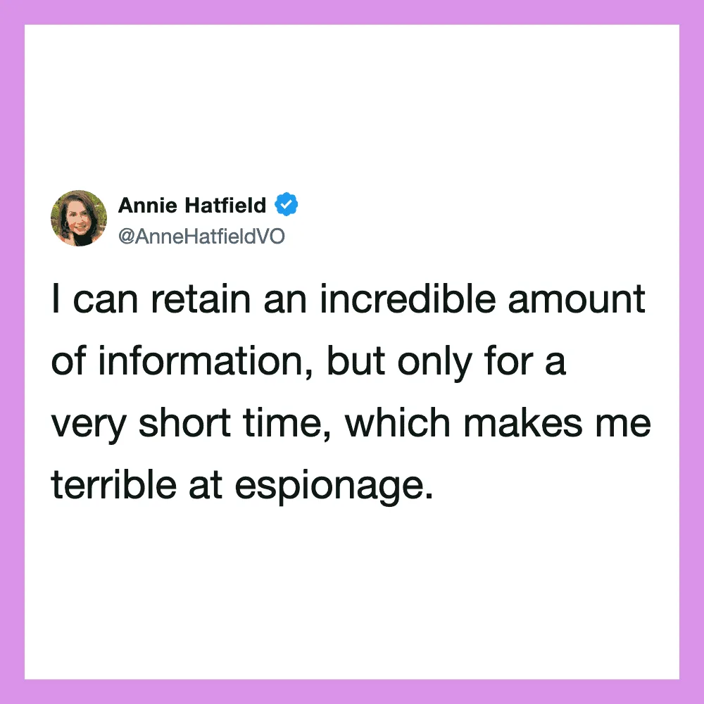 Annie Hatfield's tweet about retaining information and espionage.