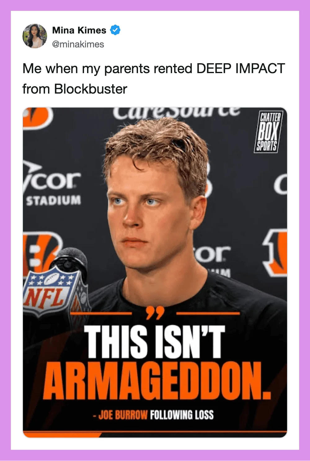 Meme of a man with serious expression, text says 'This isn't Armageddon.'.