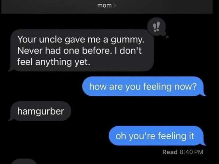 Text conversation about feeling like a hamgurger after a gummy.