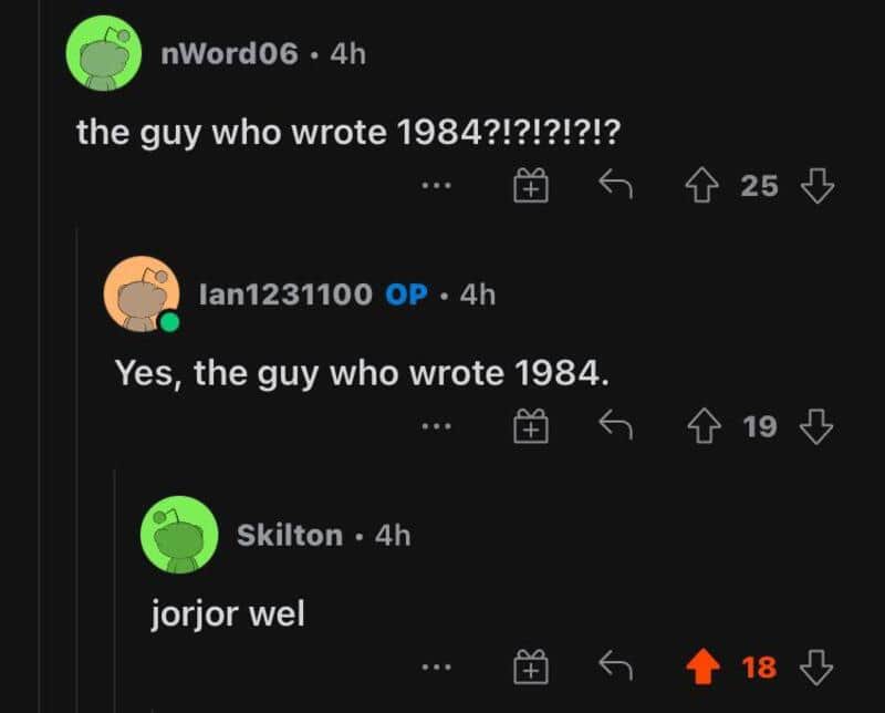 Screenshot of a humorous online conversation about the author of 1984.