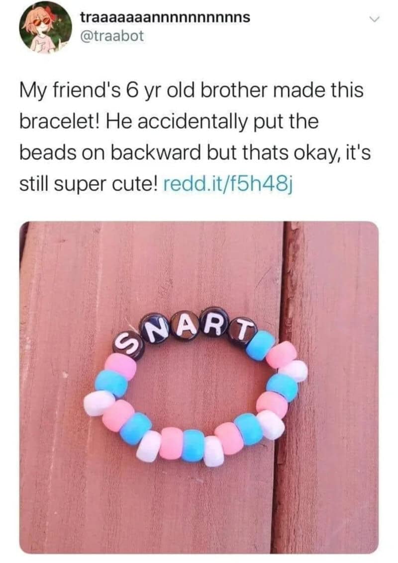 Bracelet with beads spelling 'SNART' made by a 6-year-old boy.