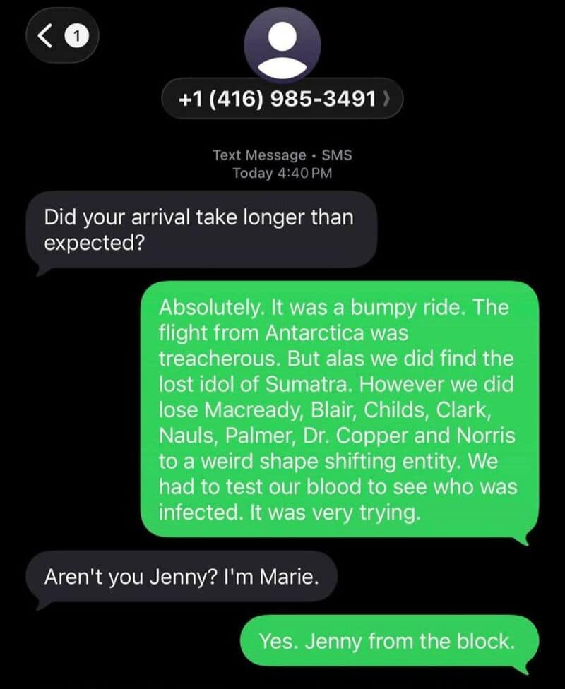 Text message exchange about a delayed flight and a humorous reply about a lost idol.