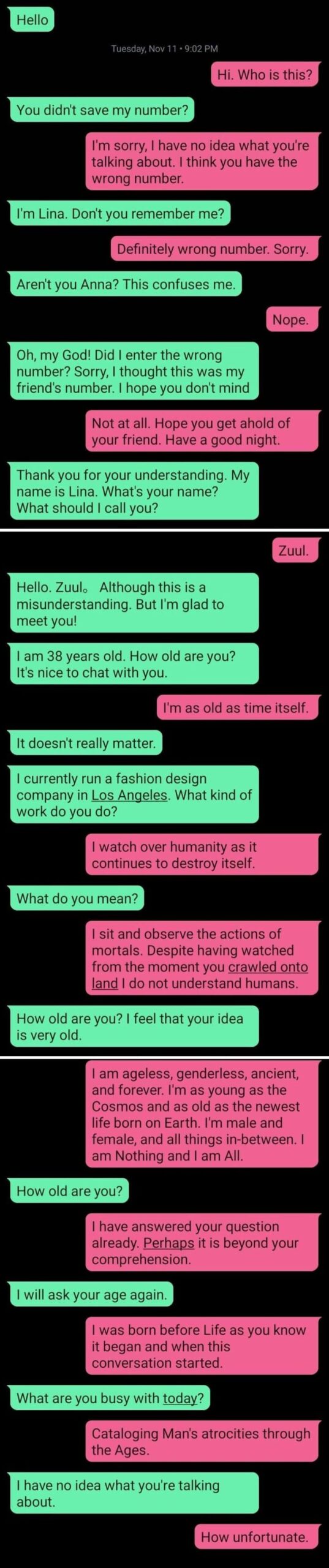 Text conversation about a wrong number with humorous responses.