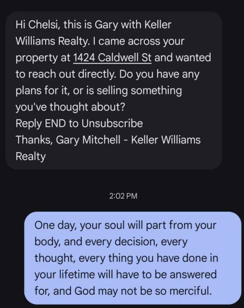 Text message scam about property and a philosophical reply about the soul and decisions.