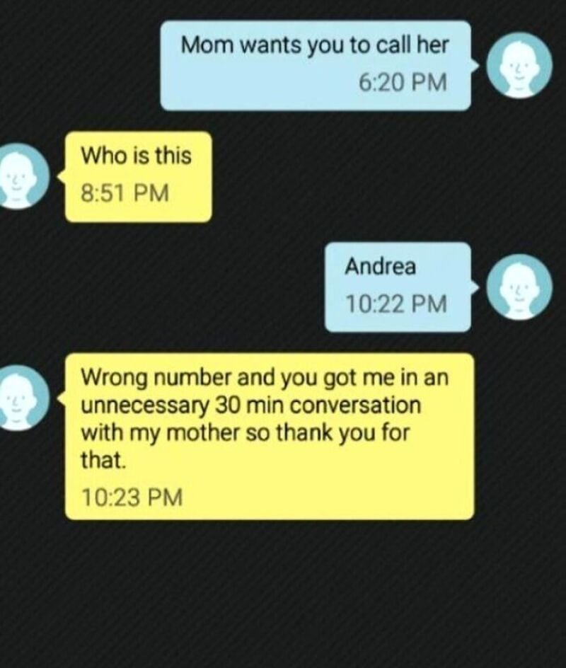 Text conversation about wrong number and mother, with timestamps.