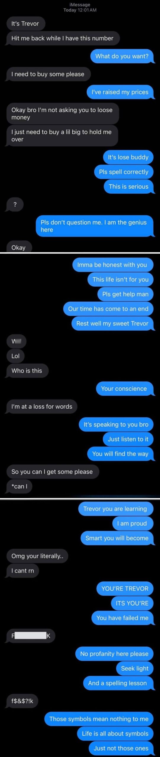 A screenshot of a humorous text conversation about a wrong number.