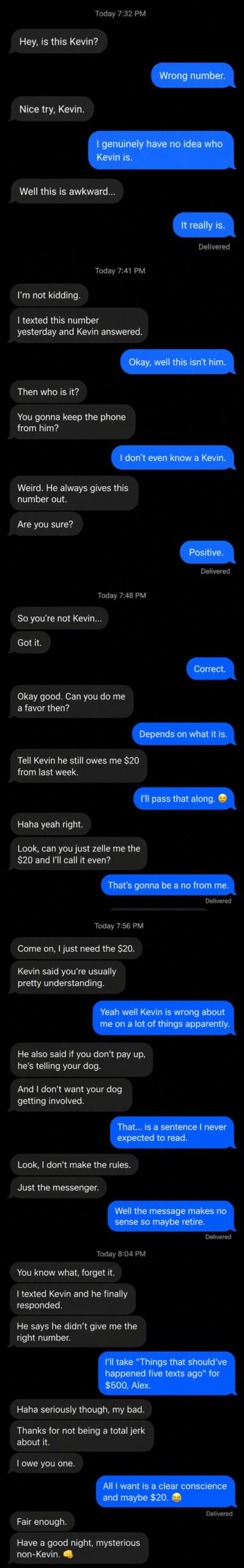 Text conversation about a wrong number with humorous responses.