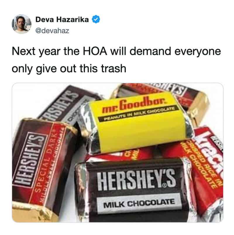 Image of various Hershey's and Mr. Goodbar chocolate bars with a tweet about HOA trash distribution.