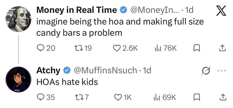 Two tweets about HOA and candy bars, one about HOA hating kids.