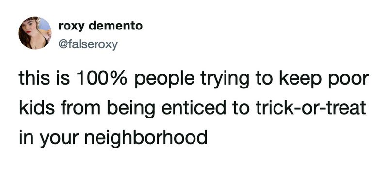 Social media post by roxy demento about kids and trick-or-treating.