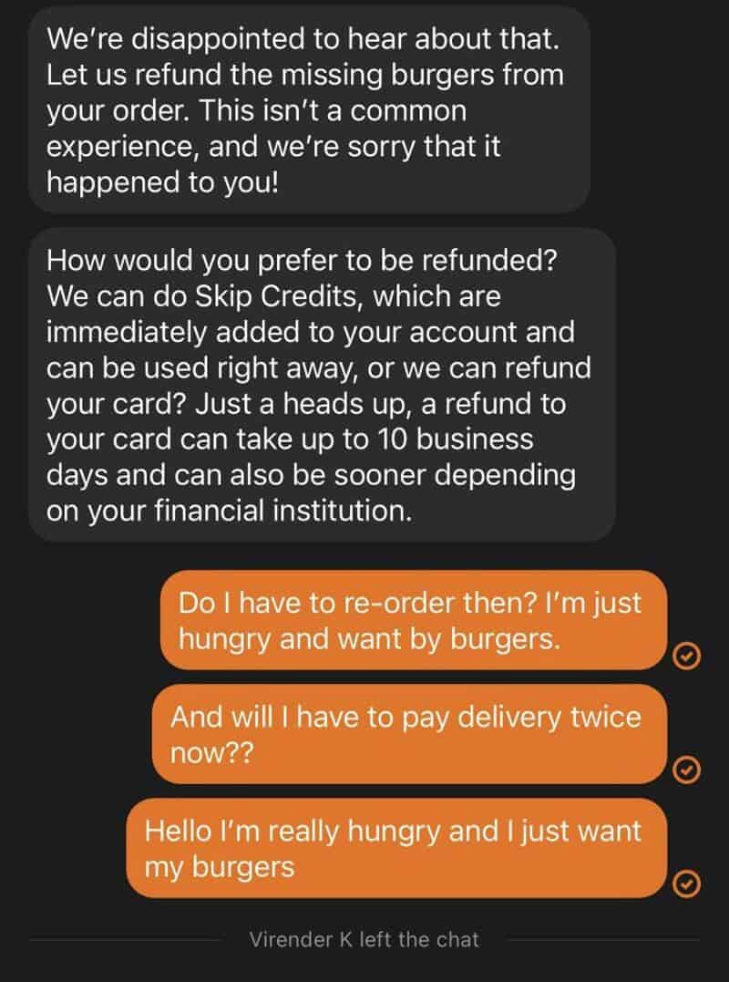 Chat support conversation about missing burgers and refund policies.