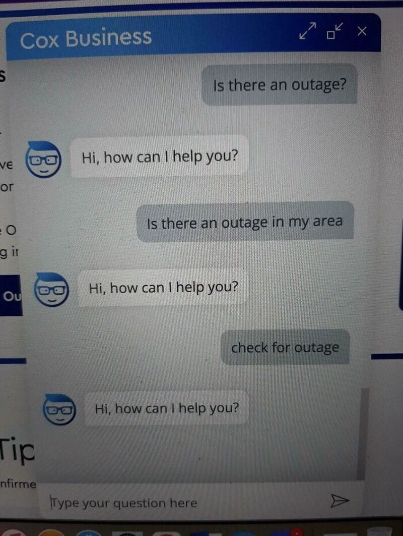 Chat support conversation about outage, repeated messages, Cox Business chat window.