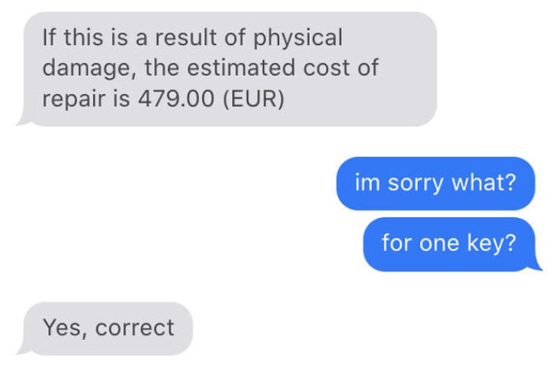 Chat support conversation about repair cost and key.