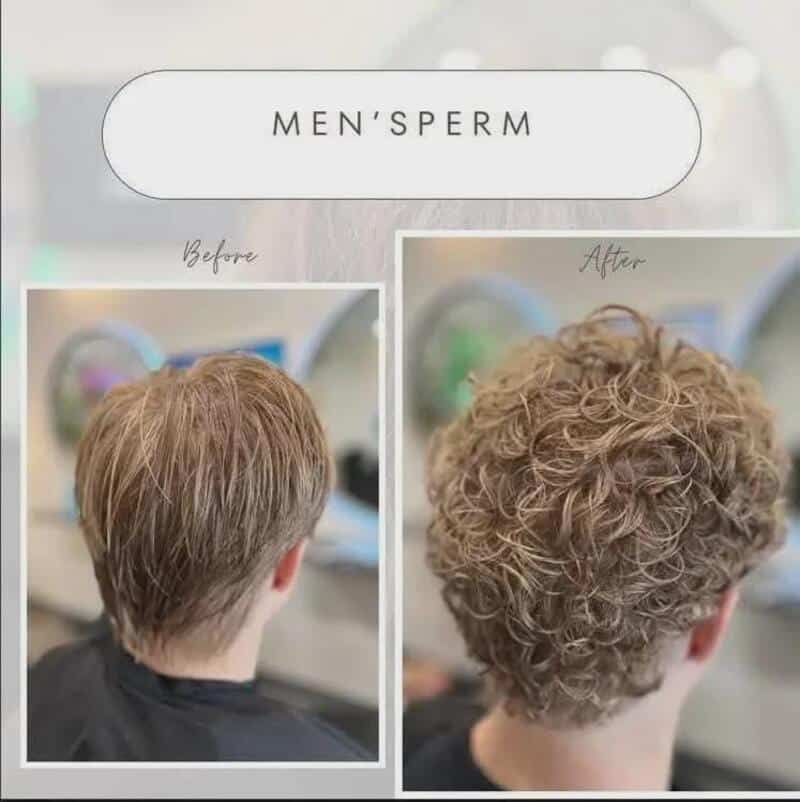 Before and after hair transformation with curly hair on the right.