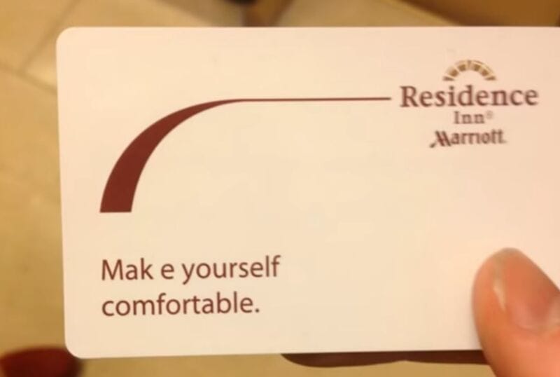 Business card for Residence Inn Marriott with the text 'Mak e yourself comfortable.'.