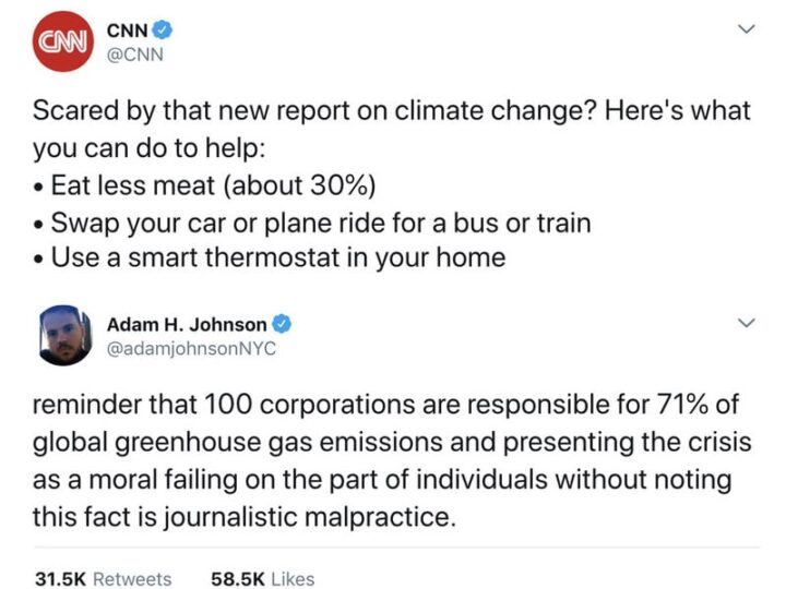 Screenshot of CNN and Adam H. Johnson tweets about climate change and corporate responsibility.