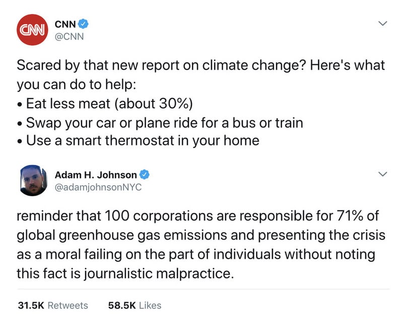 Screenshot of CNN and Adam H. Johnson tweets about climate change and corporate responsibility.