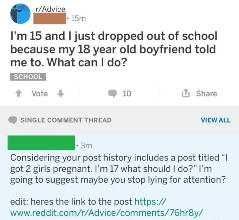 Reddit post about a 15-year-old dropping out of school after an 18-year-old boyfriend's advice.