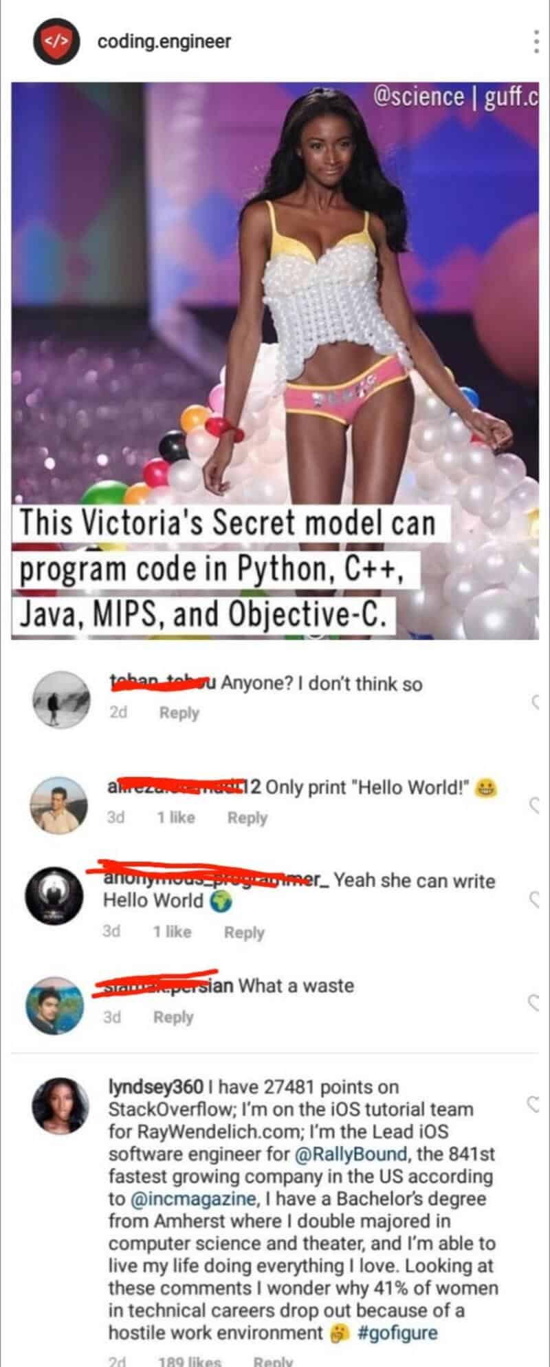 Victoria's Secret model on runway with colorful background and balloons.