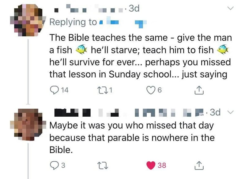 Twitter conversation about the Bible and teaching a man to fish.