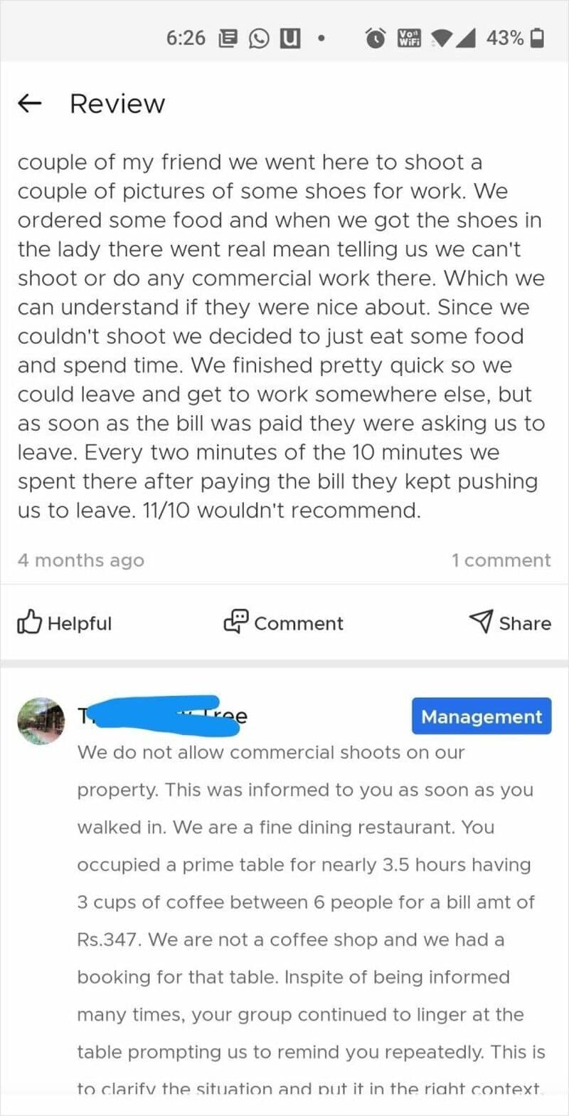 Text about a couple's experience with a commercial shoot and management's response.