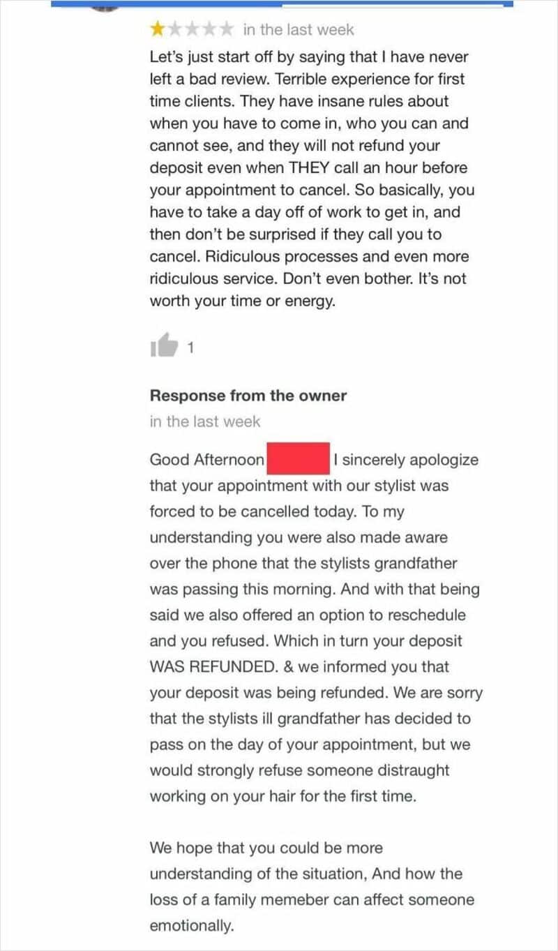 Customer review and owner response about appointment cancellation and refund.