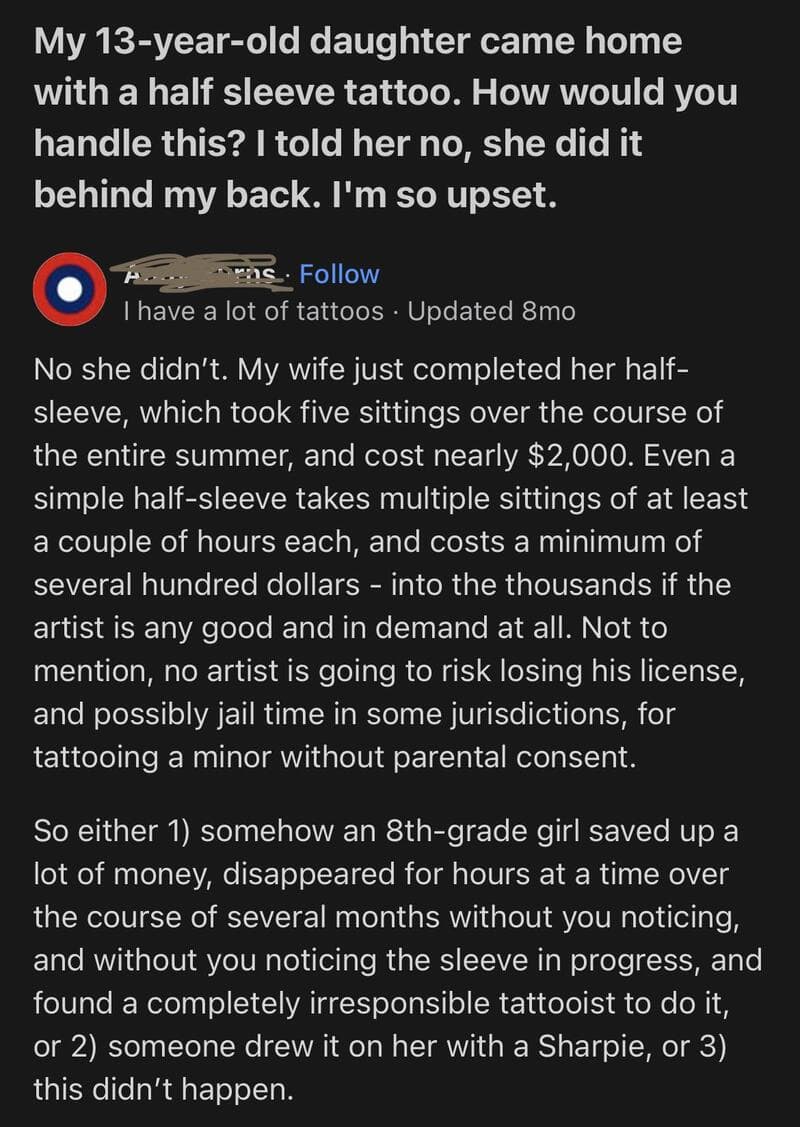 A person explains their daughter's half-sleeve tattoo story.