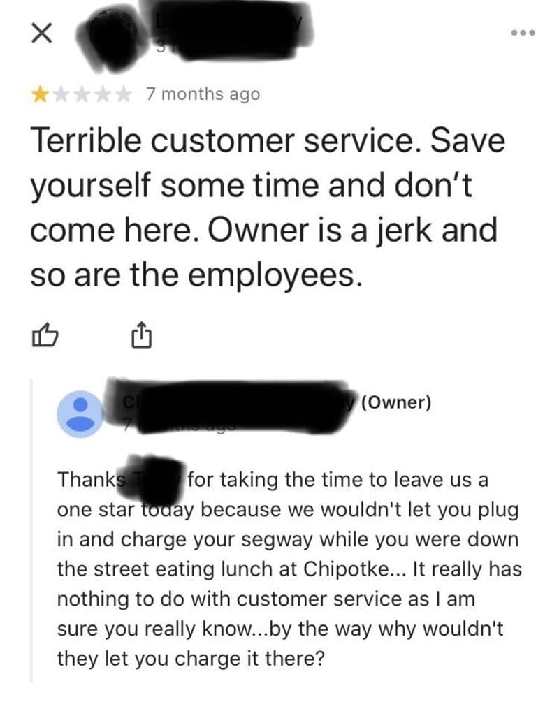 Customer review criticizing staff and owner at a business.