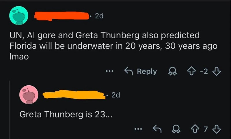 Social media comments about UN, Al Gore, Greta Thunberg, and Florida's underwater prediction.