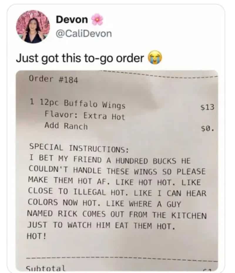 Order receipt for 12pc Buffalo Wings with special instructions about hot wings.