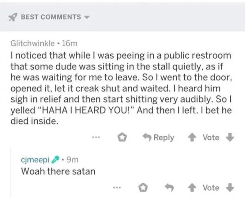 Screenshot of a Reddit comment about peeing in a public restroom and scaring a man.