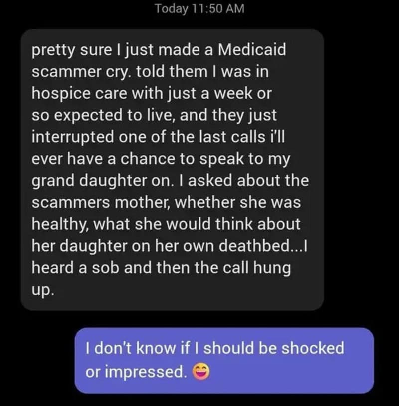 Text conversation about a Medicaid scammer crying and a response about being shocked or impressed.