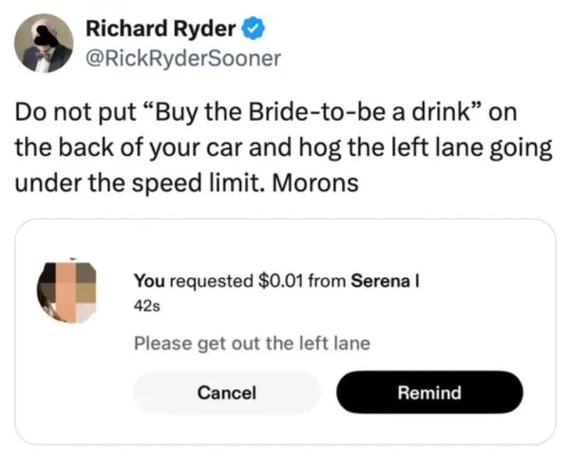 Screenshot of a social media post with a message about not putting a drink on the car and hogging a左.