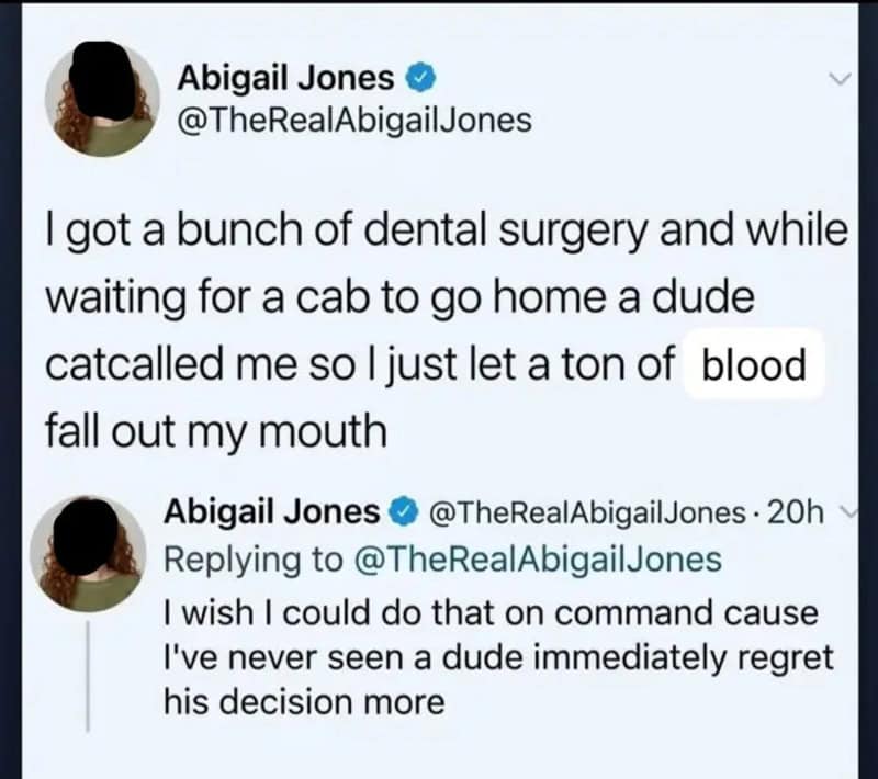 Twitter post by Abigail Jones about dental surgery and a humorous revenge story.