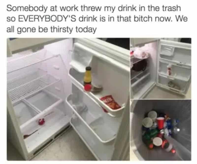Empty fridge with spilled drinks and trash, caption about revenge at work.