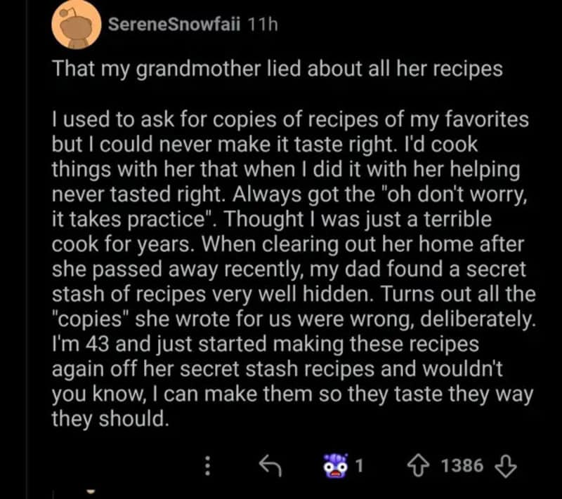A social media post about grandmother's secret stash of recipes and revenge.
