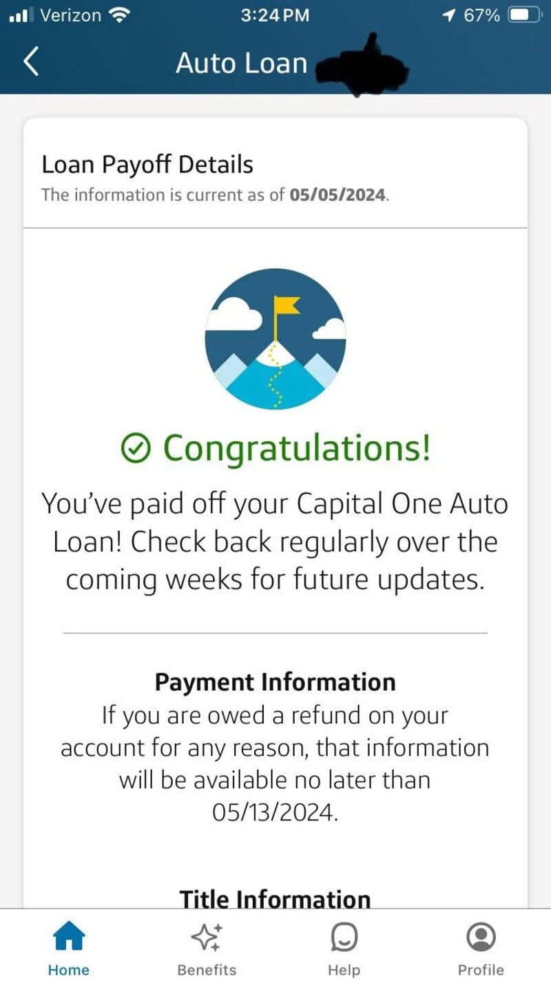 Auto loan payoff confirmation with a mountain and flag icon, green 'Congratulations!' text.