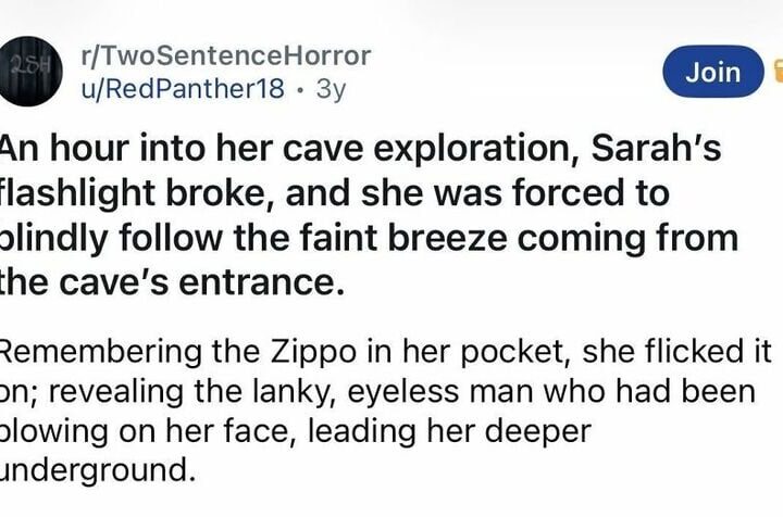 Sarah's flashlight broke, revealing a lanky, eyeless man in her cave exploration.