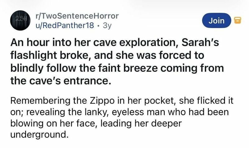 Sarah's flashlight broke, revealing a lanky, eyeless man in her cave exploration.