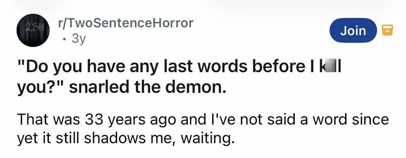 Screenshot of a Reddit post from r/TwoSentenceHorror about a demon asking last words.